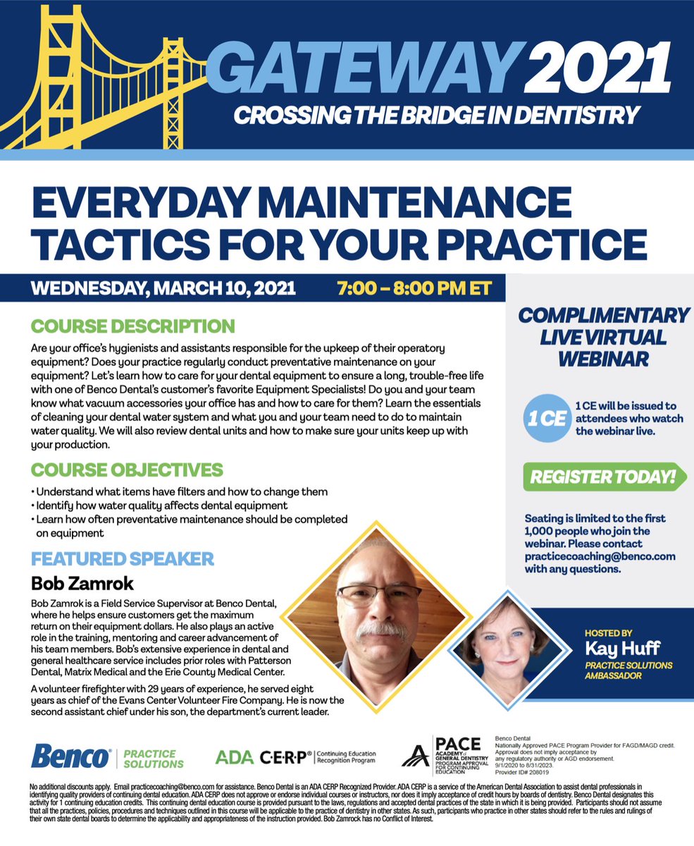 EVERYDAY MAINTENANCE TACTICS FOR YOUR PRACTICE
March 10, 2021 7-8PM ET
To register: benco.zoom.us/webinar/regist…