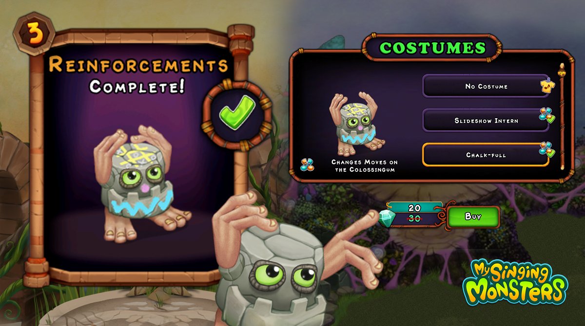 SingingMonsters's tweet photo. Here's a #HandlerHint: If you've completed a Battle Event on the Colossingum, the associated Costume gets discounted on the main Islands! π Which Costumes have you unlocked the Battle requirement for so far? https://t.co/Y5KEZMHTRF