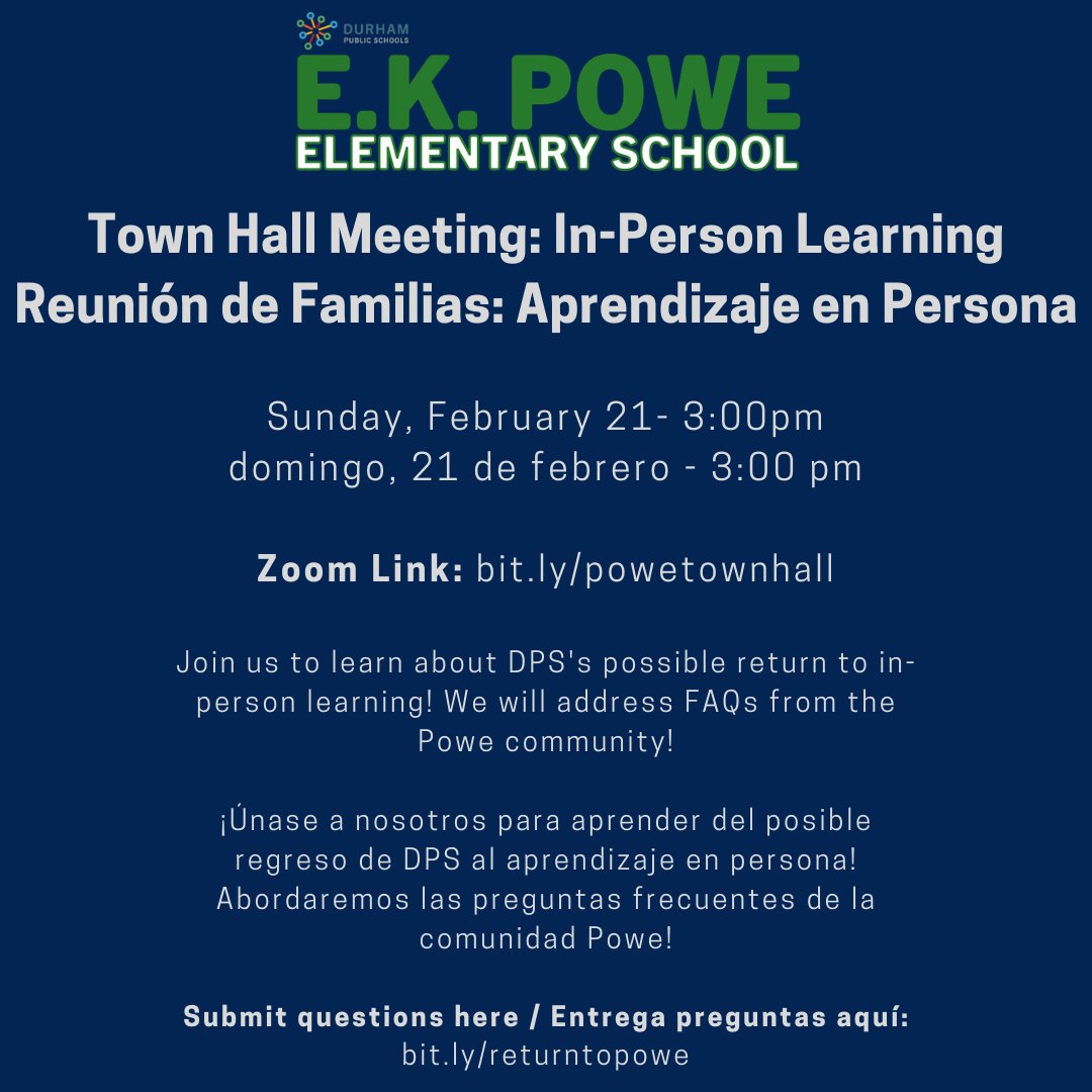 Our PTA will host a Town Hall Meeting for Powe families on  Sunday, February 21 at 3:00pm.  We will address FAQs for a possible return to in-person learning in DPS.  More info on the flyer below!