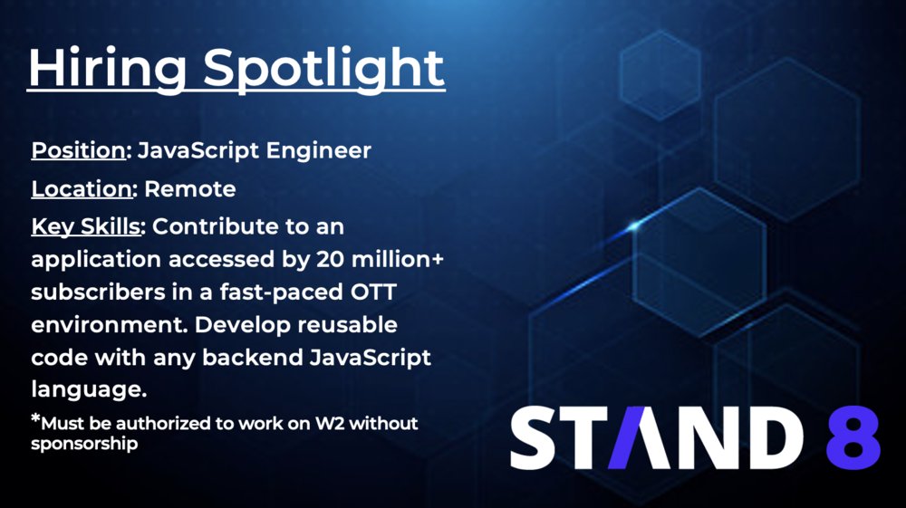 stand8io's tweet photo. STAND 8 is #Hiring multiple Backend #JavaScript, Android, and #Roku Engineers. These positions are fully remote and available on a W2 without sponsorship.
Contact our Solutions Delivery Team today or click the link to learn more!
https://t.co/rNcp2Q5754
#ITjobs #WeSTAND8 https://t.co/nX03to31Tv