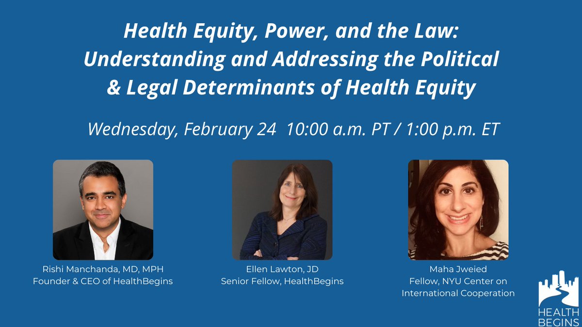 HealthBegins's tweet photo. New panelist! Maha Jweied, Fellow, @nyuCIC; Former Head, @DOJATJ

#webinar: Health Equity, Power, and the Law: Understanding and Addressing the Political &amp; Legal Determinants of Health Equity. #healthequity #PDOH

Feb 24, 10:00am PT / 1:00pm ET: https://t.co/lJ40exxhIs https://t.co/Ibh2D3sQ7s