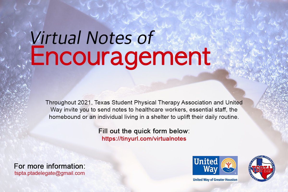 TX Student PT Assoc (@tspta) on Twitter photo Send a note of encouragement to a healthcare worker or someone who is home bound 🥰
tinyurl.com/virtualnotes Send a note of encouragement to a healthcare worker or someone who is home bound 🥰
tinyurl.com/virtualnotes