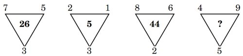GroveMaths's tweet photo. What replaces the ? in the fourth triangle? The same rule has to work for all 4! https://t.co/rOapKBqhye