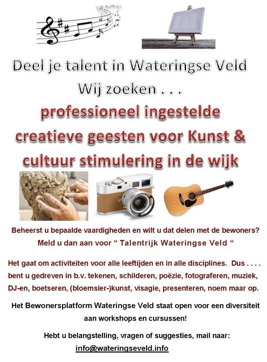 Het Bewonersplatform is op zoek naar bewoners uit het #WateringseVeld die hun talenten en vaardigheden willen delen met de andere bewoners uit de wijk.