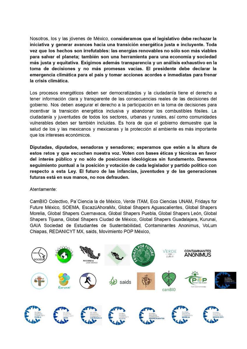 Las y los jóvenes de México nos pronunciamos en contra la Iniciativa de Reforma de la Ley de la Industria Eléctrica por los impactos negativos que tendrá para el ambiente, la salud y el combate a la crisis ambiental.

#JuventudesPorLaEnergíaRenovable 
#NoMásPromesasVacias