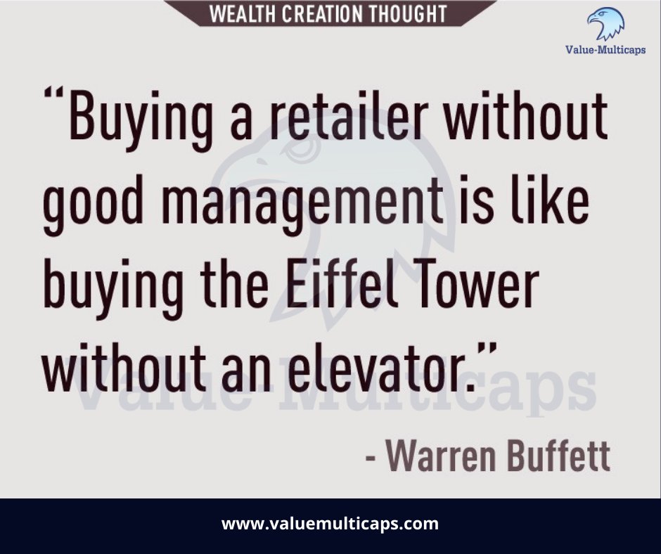 Value_Ethics's tweet photo. Buying A #Retailer Without Good #Management Is Like #Buying The #Eiffle #Tower Without An Elevator.
-Warren Buffett
Telegram: https://t.co/vBNE3J8T39
#Valuemulticaps #WarrenBuffett #Stock #stockmarket #share #investments #nifty #money #finance #sharemarket #investor #growth https://t.co/5jHzXNLaVM