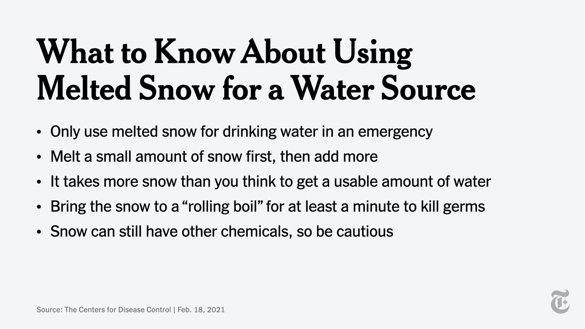 Melting snow for drinking water is “an emergency measure, if no other water is available,” according to the CDC. Here’s how to make sure melted snow is safe to use for drinking, bathing, washing dishes or flushing toilets.  https://nyti.ms/2M3ImgZ&nbsp;