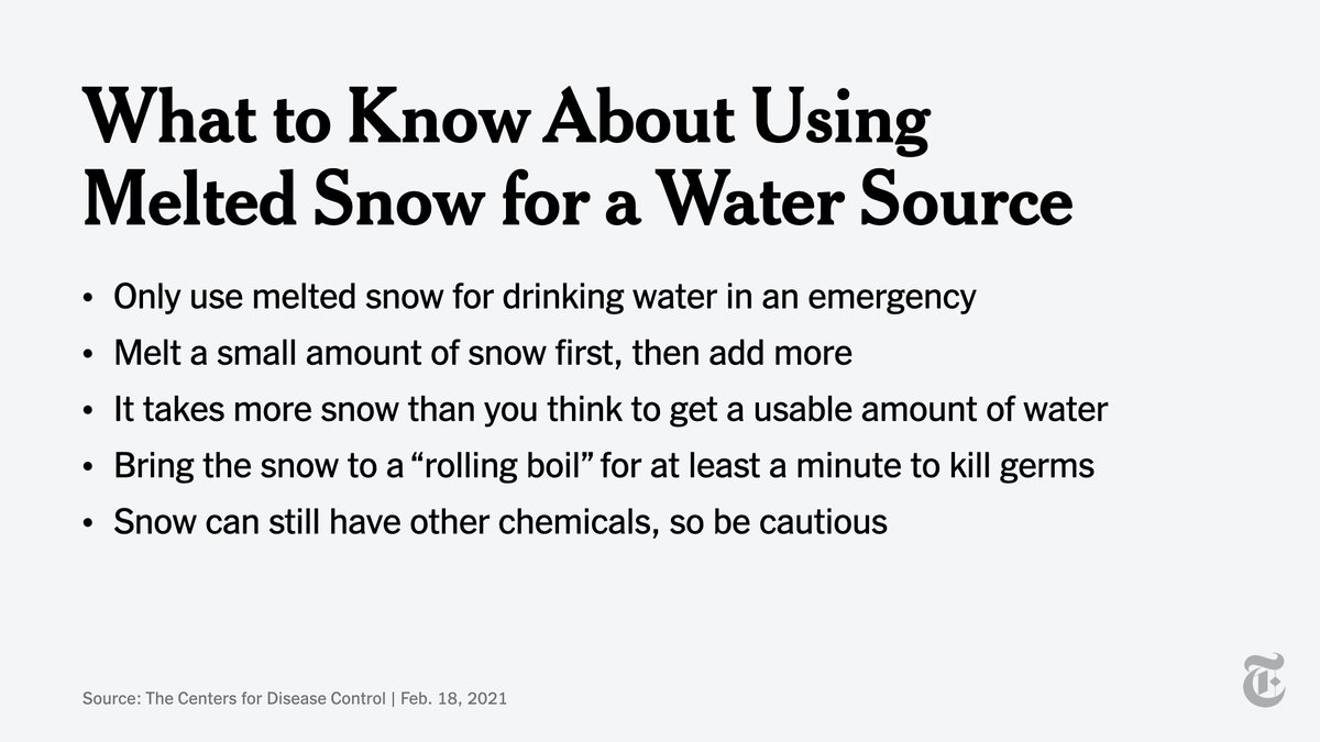 Melting snow for drinking water is “an emergency measure, if no other water is available,” according to the CDC. Here’s how to make sure melted snow is safe to use for drinking, bathing, washing dishes or flushing toilets.  https://nyti.ms/2M3ImgZ 