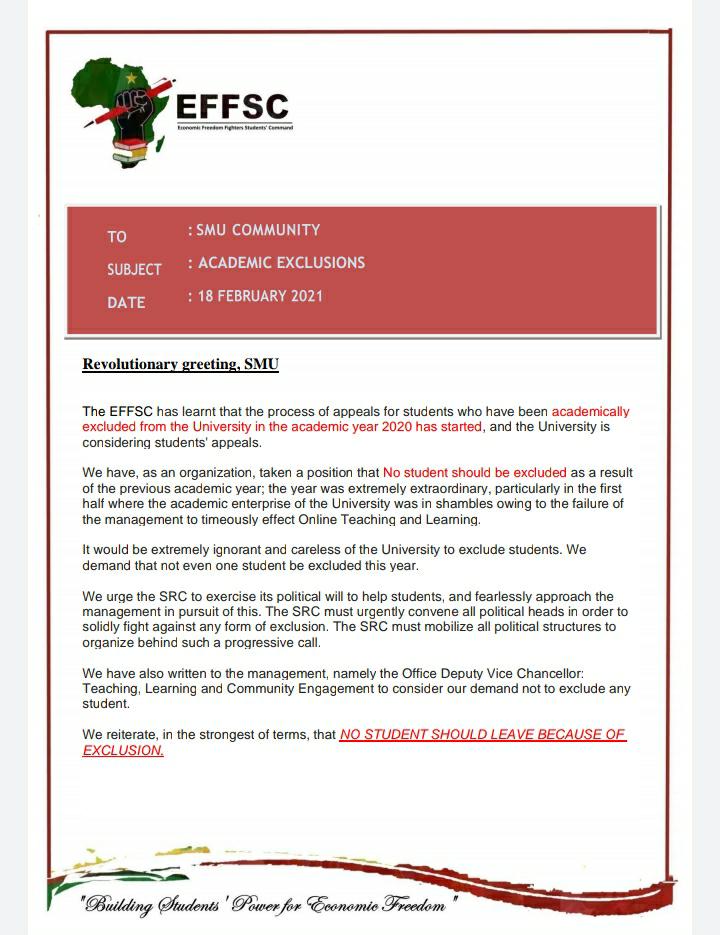 effsc_smu's tweet photo. The SMU EFFSC strongly believes that no student should be academically excluded. Not after the University took a good 3-4 months playing games to implement Online Teaching and Learning. #NoStudentShouldBeExcluded is our position

We have written to the SRC and the DVC about this https://t.co/tjpgkzJ4kG
