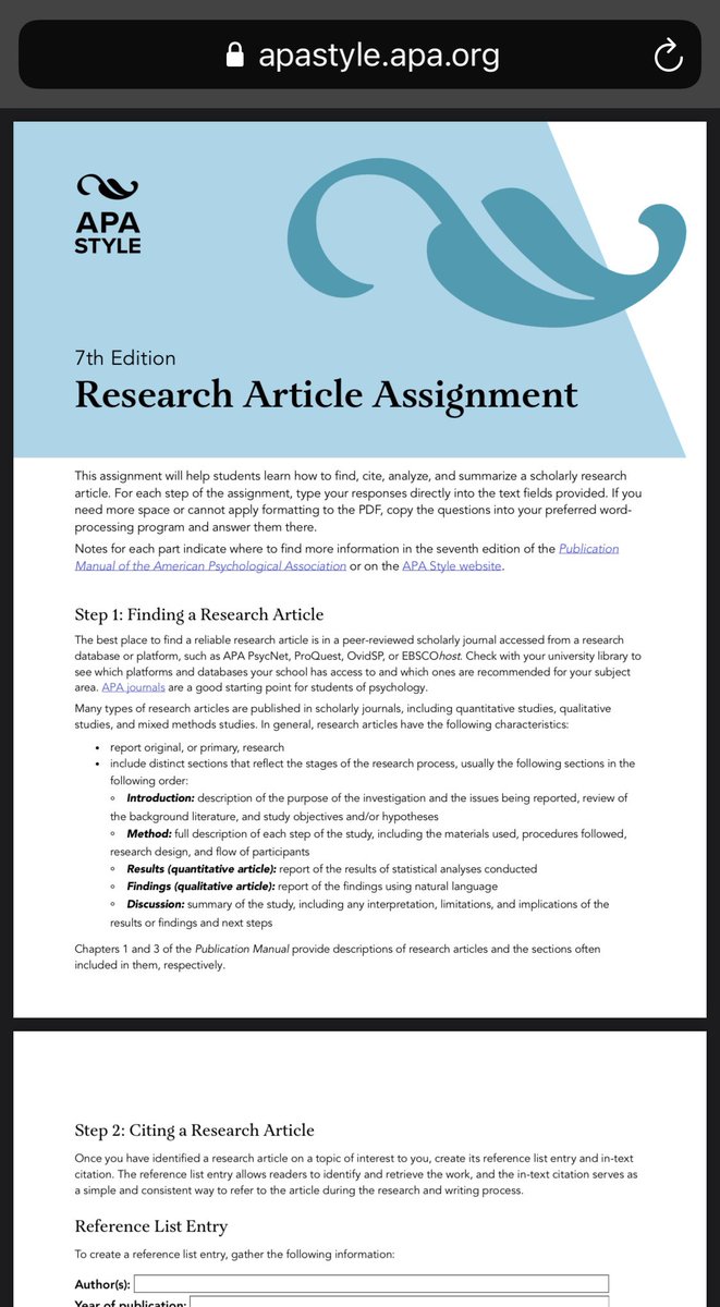 APA_Style's tweet photo. Teachers: This handout is designed to help students learn to find, cite, analyze, and summarize a scholarly research article. Find this and many other #7thEdition #APAStyle resources at https://t.co/CwJIUgCVax https://t.co/ZOpZozo1Qo