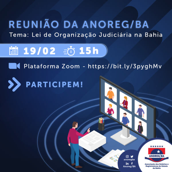 anoregba's tweet photo. A ANOREG/BA convida todos os seus associados para participarem da reunião de amanhã (19), às 15h, para debater sobre a Lei de Organização Judiciária na Bahia, cuja reforma está em curso.

💻 Plataforma Zoom: https://t.co/dw7rBTYrf0

#reuniao #zoom #anoregba #cartorio #bahia https://t.co/DiWFBj5Hzz