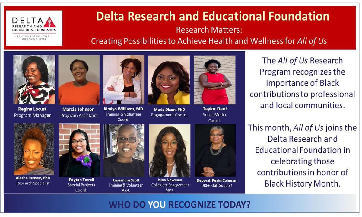 AATXDST's tweet photo. In honor of Black History Month, All of Us joins Delta Sigma Theta Sorority, Inc and DREF - Research Matters Initiative in celebrating contributions from our team!
#DST1913 #DREF1967 #JoinAllofUs #ResearchMatters https://t.co/LiFtLuZoGA