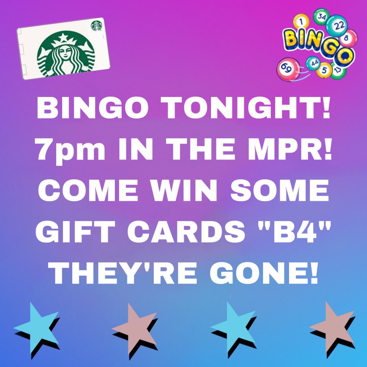 SpectrumFred's tweet image. bingo tonight in the MPR! come win some gift cards “B4” they’re gone!!