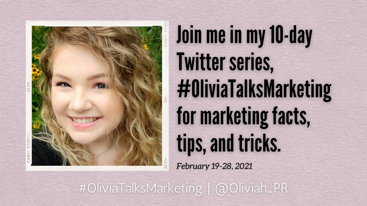 Oliviah_PR's tweet photo. I learned things. And now, I’m passing them on. 

For 10 days, I’m hosting a miniseries called #OliviaTalksMarketing, where I share tips I learned in my job as a #marketingspecialist, in #mimsPR class, and through independent research. https://t.co/HP5M2rh4Ao