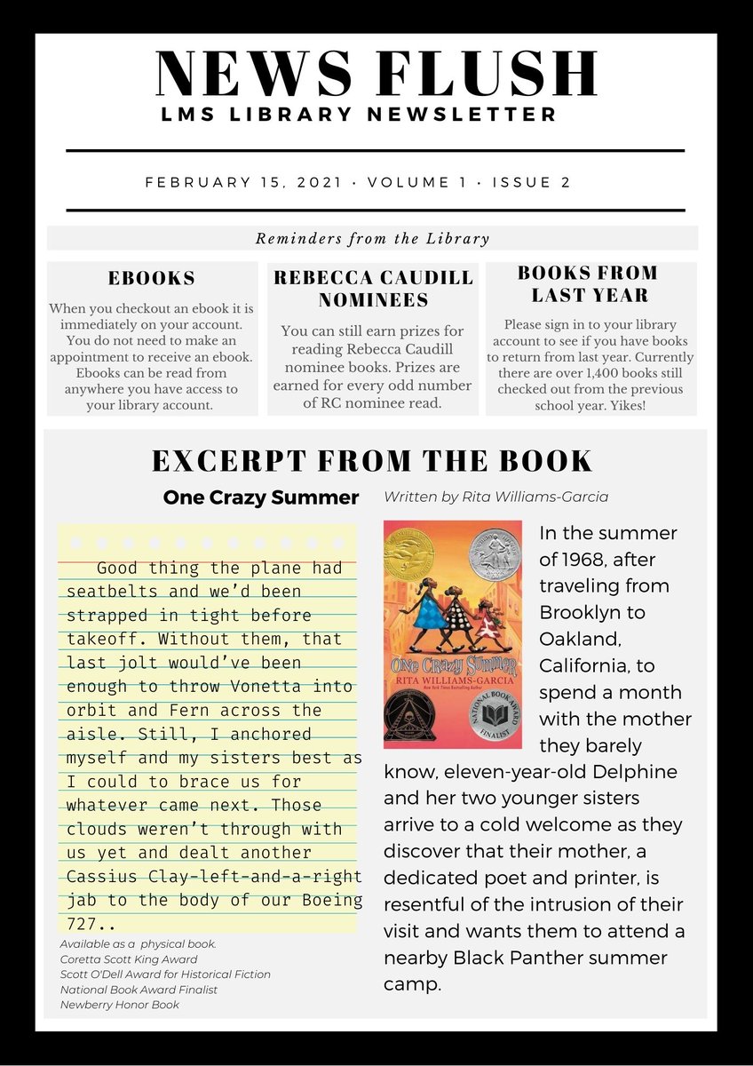 This month, for Black History Month, the newspaper highlights award winning books written by African American authors. Four examples are pictured below and available for checkout as ebooks and physical books.