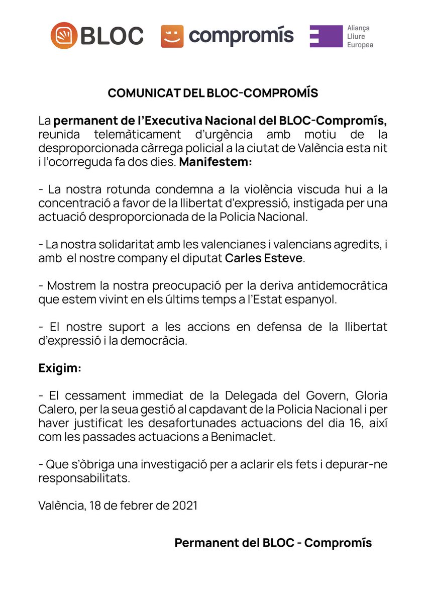 ‼️COMUNICAT DEL BLOC ‼️

Davant els fets viscuts hui i dimarts a la ciutat de València, en les quals s'han viscut desproporcionades càrregues policials...

La permanent de l'Executiva Nacional del BLOC manifesta 👇🏽