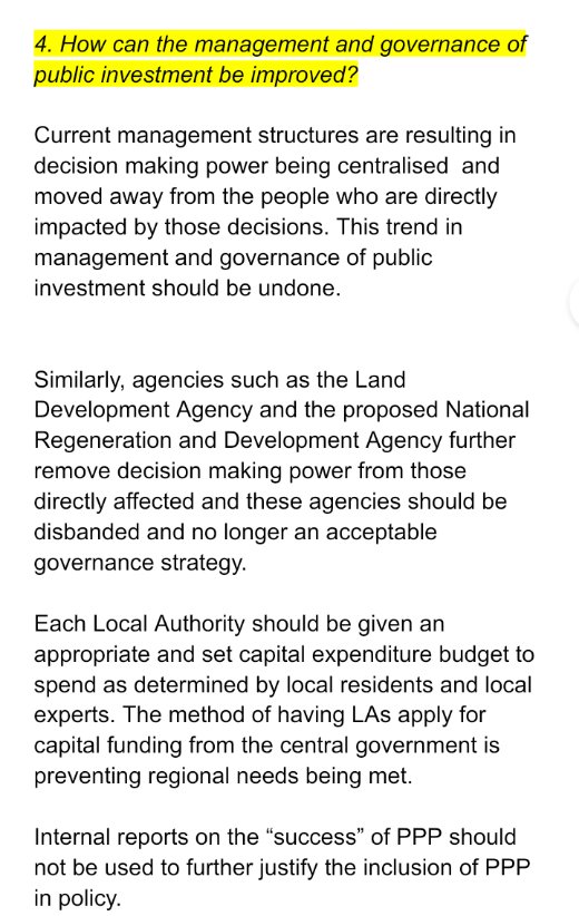 4. How can the management and governance of public investment be improved?Here we're arguing for more democracy. More consultation and more power for local authorities and democratically elected councils rather than unaccountable civil servants.