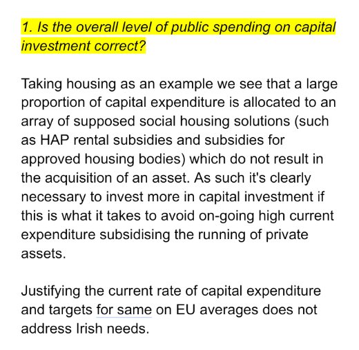 1. Is the overall level of public spending on capital investment correct?We're saying "NO" because capital spending is supposed to be one off spending on a capital asset owned by the state but Ireland mostly invests in assets that make private individuals and companies rich