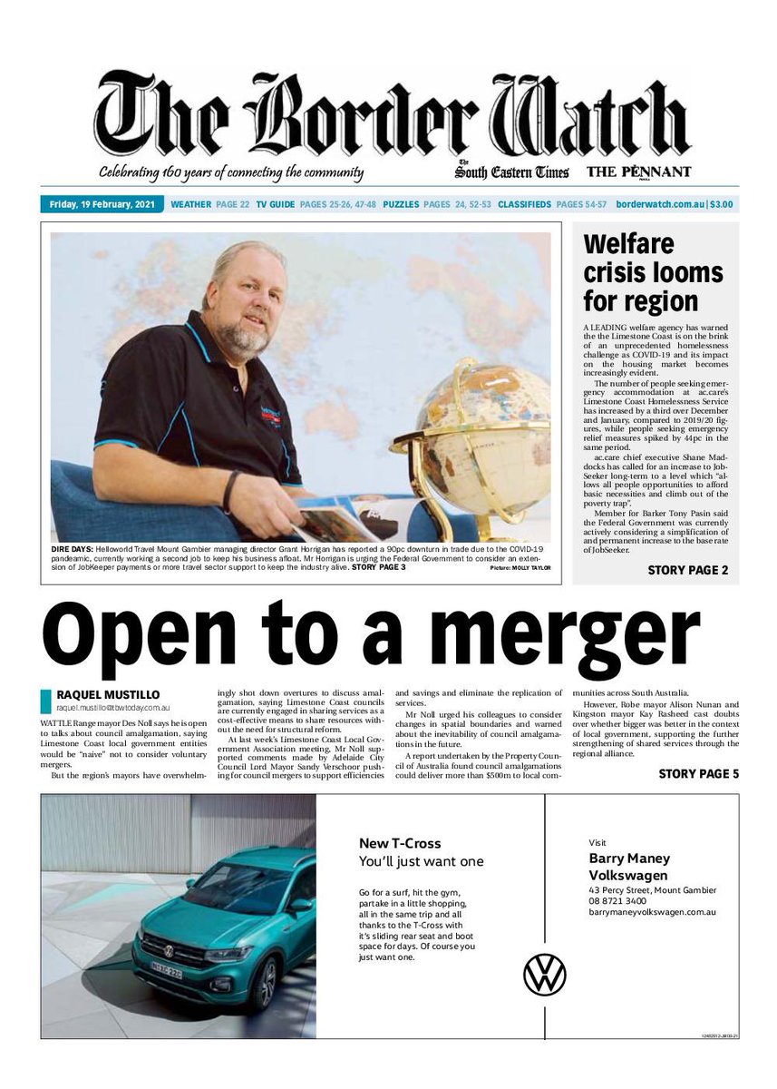 BorderWatchNews's tweet image. Your #LimestoneCoast news:

 - Amalgamation debate reignited among #LCLGA councils.
- Regional homelessness crisis looms as #COVID19 economic cost becomes clearer.
- #MountGambier travel agents on brink of collapse as JobKeeper end nears.

Read the paper: bit.ly/3sax3D7