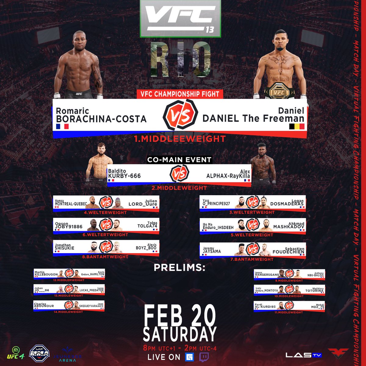 FuryVS_'s tweet photo. IT'S TIME for the MAIN EVENT ‼️
🇧🇷 RIO - #JeunesseArena #Online
#VFC13 - Virtual Fighting Championship 1⃣3⃣
🛑 14 combats
🕗 20h (Paris) & 🕑 14h (Quebec)
📺 LIVE ON FBGaming & Twitch: https://t.co/DNoJk9bxih
ℹ️ Info: https://t.co/AgYD3FlqU3
#Maincards #ufc #mma @EASPORTSUFC https://t.co/1Rt5IXQZm9