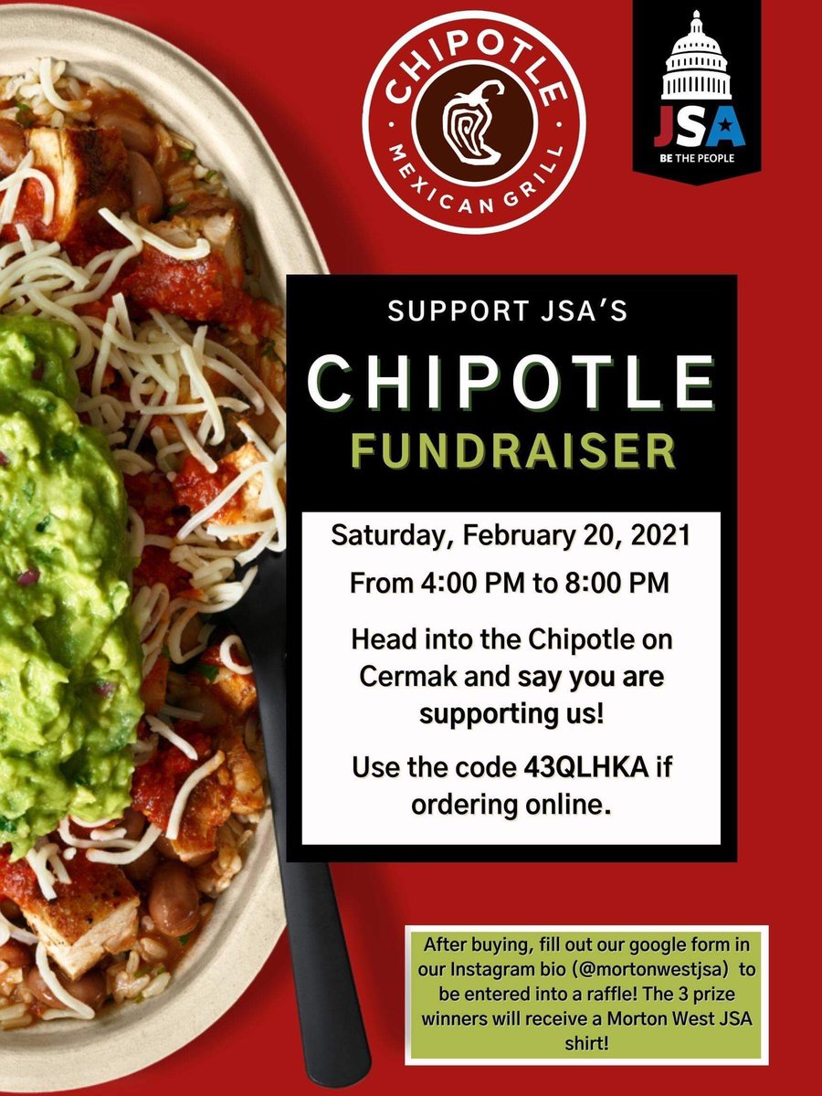 Support our JSA fundraiser! Head over to Chipotle this Saturday and say you are supporting Morton West JSA. For an online option, make sure to use the code 43QLHKA. Then, submit your info and receipt to enter a raffle for a JSA shirt of your choice! forms.gle/itf6avyrWwgaZo…