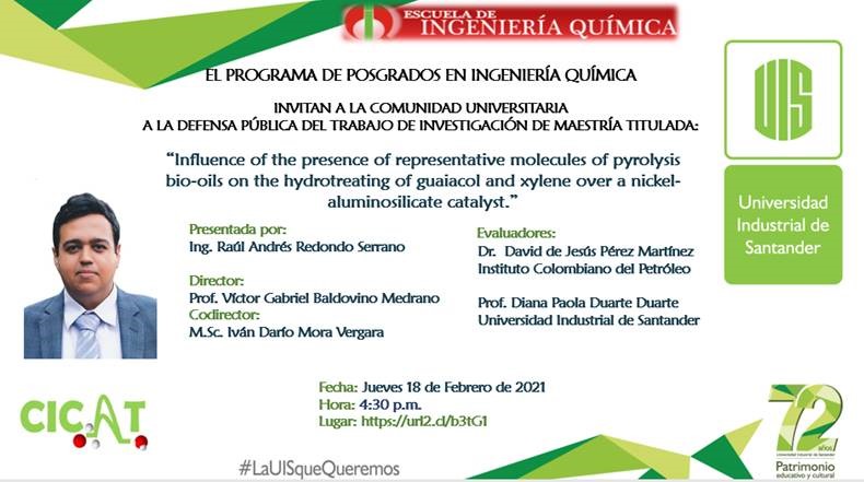 vigabalme's tweet photo. #MSc-ResearchWorkDefense #ChemEng-R-Redondo:
"Influence of the presence of representative molecules of pyrolysis bio-oils on the hydrotreating of guaiacol &amp; xylene over a Ni-Aluminosilicate catalyst"
@SCatalisis @SoCCat1 @catalyst_ACSSC @AIChE_UIS @CICATUIS @UIS @termoiq https://t.co/y8X5QwFwDT