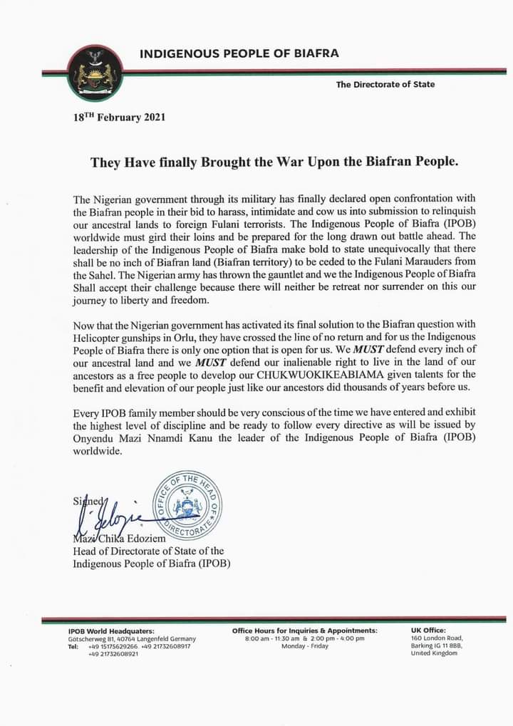 UtcheyChukwuNna's tweet photo. Once again they have brought the war opon the Indigenous People Of Biafrans, IPOB. #Orlu 
 
The @HQNigerianArmy should be ready to fight this war beyond 1000 years and counting...
  
#PrayForOrlu
#ESN_Forever https://t.co/219JiBlxmR