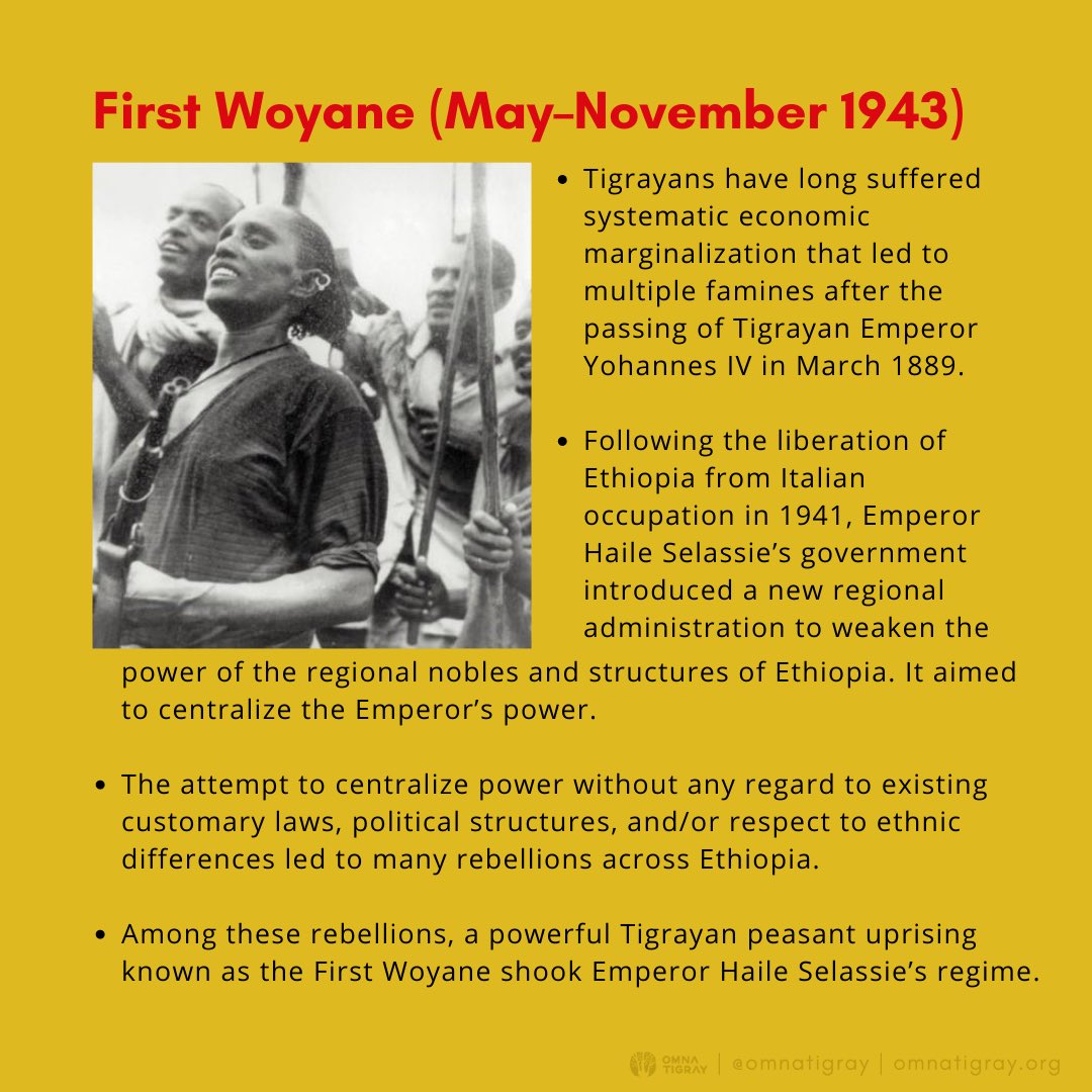 Emperor Haile Selassie + his gov aimed to centralize power without regard to existing customary laws, political structures &/or respect to ethnic differences which led to rebellions across Ethiopia — one of which was a powerful Tigrayan peasant uprising known as the First Woyane.