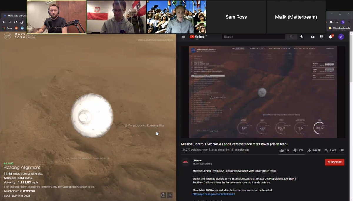 NextAstro's tweet photo. TOUCHDOWN! 🛸

With over 100 people, we live-streamed the landing of #Mars rover #Perseverance with @NexusAurora and @HumanityxBeyond! 

The first image of the Martian surface has already been shown! Congrats team Perseverance! 

Great work also by co-hosts Sam, Henry and Felix! https://t.co/c1HxF3UPWw