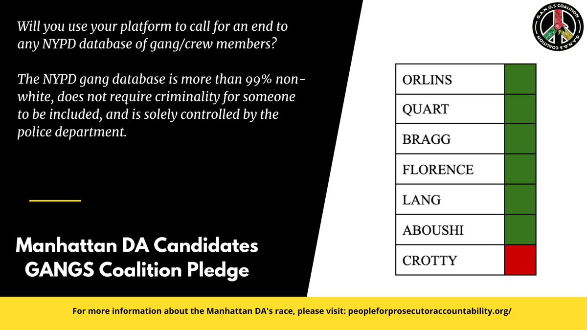 7/8 pledged to call for an end to the NYPD's gang database. Read more here:  https://theintercept.com/2019/06/28/nypd-gang-database-additions/