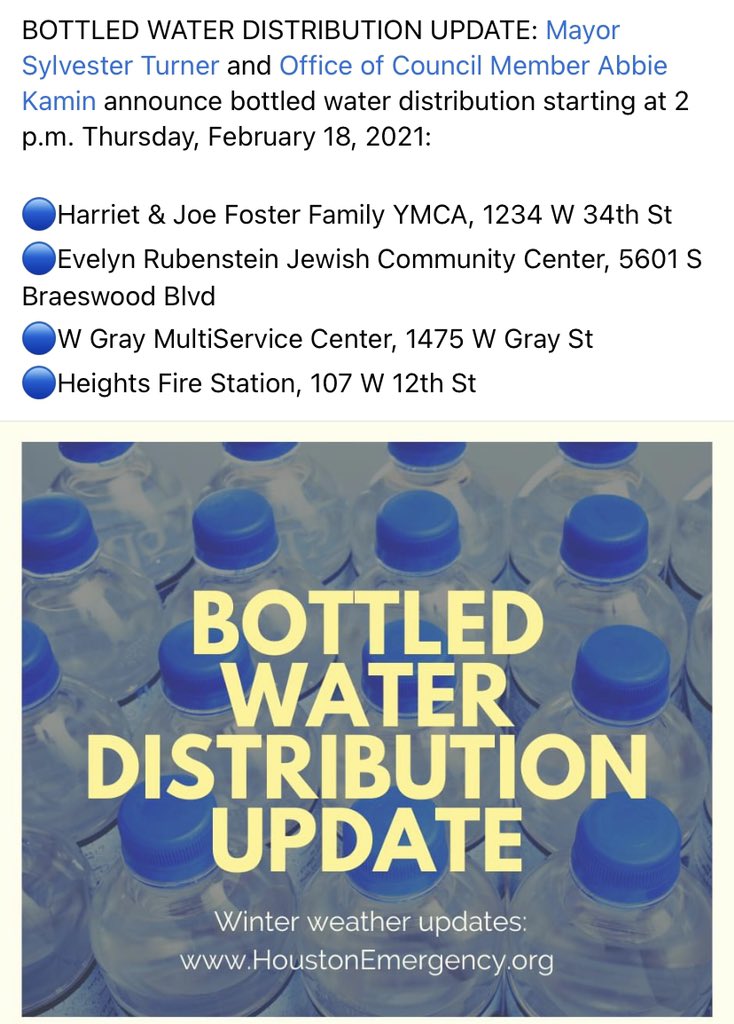 PLACES IN HOUSTON THAT ARE GIVING AWAY BOTTLED WATER!!!!(The addresses are in the picture) Thursday, February 18, 2021