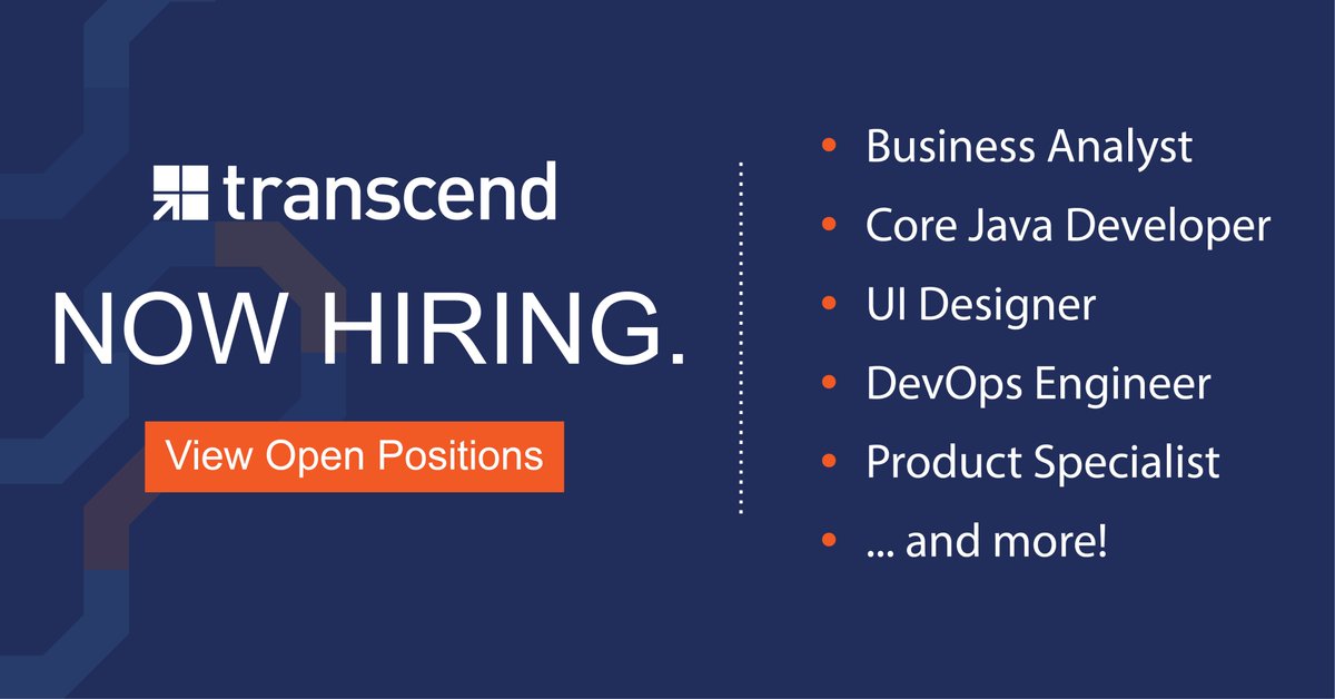 TranscendStreet's tweet image. Transcend is looking for innovative thinkers who are passionate about technology and solving complex business problems. Browse our diverse list of openings to join our growing team: transcendstreet.com/careers/ #Careers #CollateralOptimization