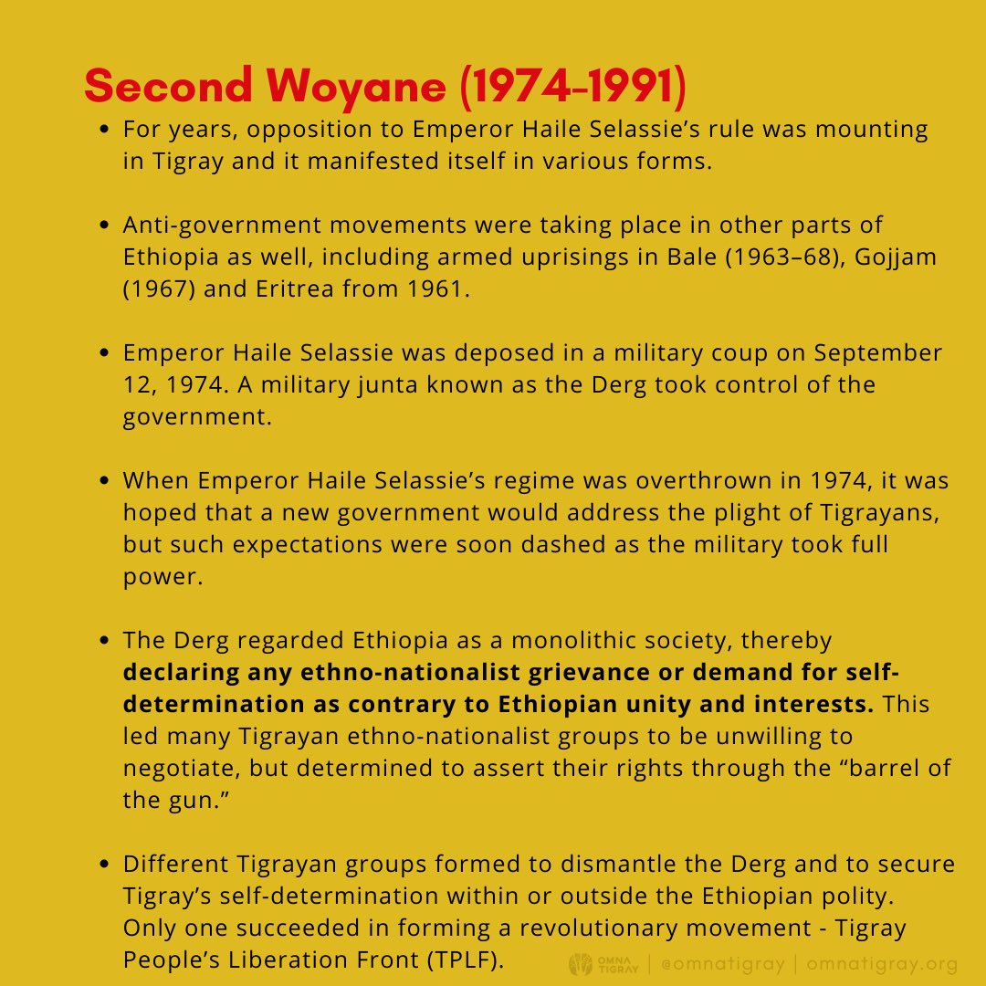 In 1974, the Derg came into power and declared any ethno-nationalist grievance or demand for self-determination as contrary to Ethiopian unity and interests. Different Tigrayan groups formed to dismantle the Derg & secure Tigray’s self-determination.