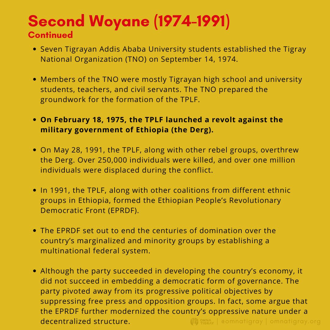 On February 18, 1975, the Tigray People’s Liberation Front (TPLF) launched a revolt against the military government of Ethiopia, the Derg. On May 28, 1991, the TPLF, along with other rebel groups, overthrew the Derg. Over 250K people were killed, with 1M+ displaced.
