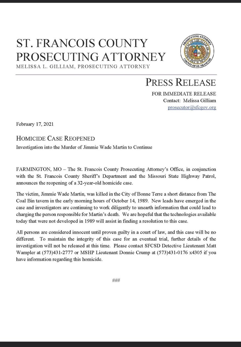 ForgottenTown's tweet photo. Thank You St. Francois County Prosecuting Attorney, St. Francois County Sheriffs Department and Missouri State Highway Patrol! This is an amazing team! Thank you Donnie Crump for leading the charge to find the truth! https://t.co/z1mZZTljnu