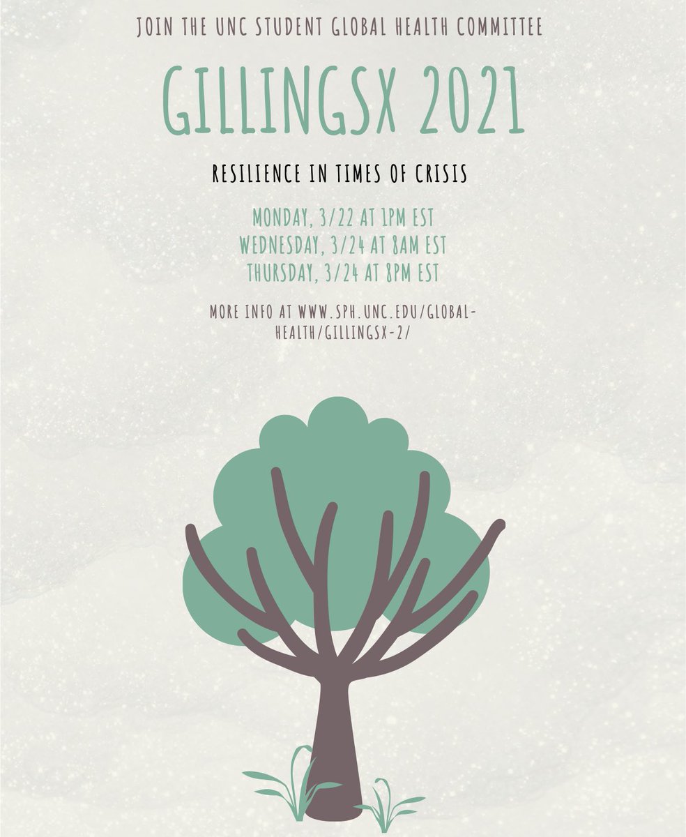 sghc_unc's tweet photo. Save the Date(s)! SGHC is excited to announce our schedule for GillingsX next month! We will be hosting three virtual sessions w some amazing panelists! Stay tuned for more info about the panelists and their takes on Resilience in Times of Crises 🌳 #GillingsX2021 @GillingsGlobal https://t.co/dS2xZvmzYN