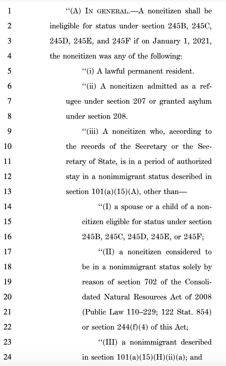 There is a drafting error, but as it is actually written now, only A nonimmigrants (diplomats) are excluded, but that's clearly an error b/c the list after "other than" doesn't make sense. That means Dems will have to double down on this to remove legal immigrants from the bill