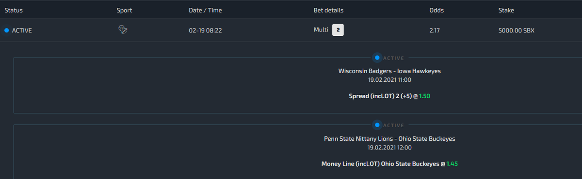 cryptotrader85's tweet photo. Its been a while since I've placed a bet on #AceDBets but I thought why not as I'm using some of the stakes I have received over the past 2 months for $SBX
=> https://t.co/H2UUZIkSpu
I took the extra points in one of the games.
#AceD #SBX #Sportsbetting
@AceDCoin https://t.co/Ai08BMyR91