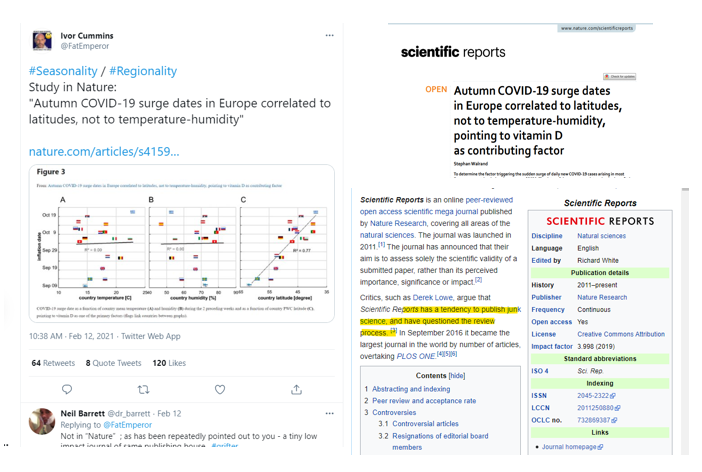 There are plenty of examples - he is called out again & again. Here he mistakes "scientific reports" which see below has a controversial reputation for "NATURE" .He is using the brand and misrepresenting the papers ... he must know that.  #wrongagainivor