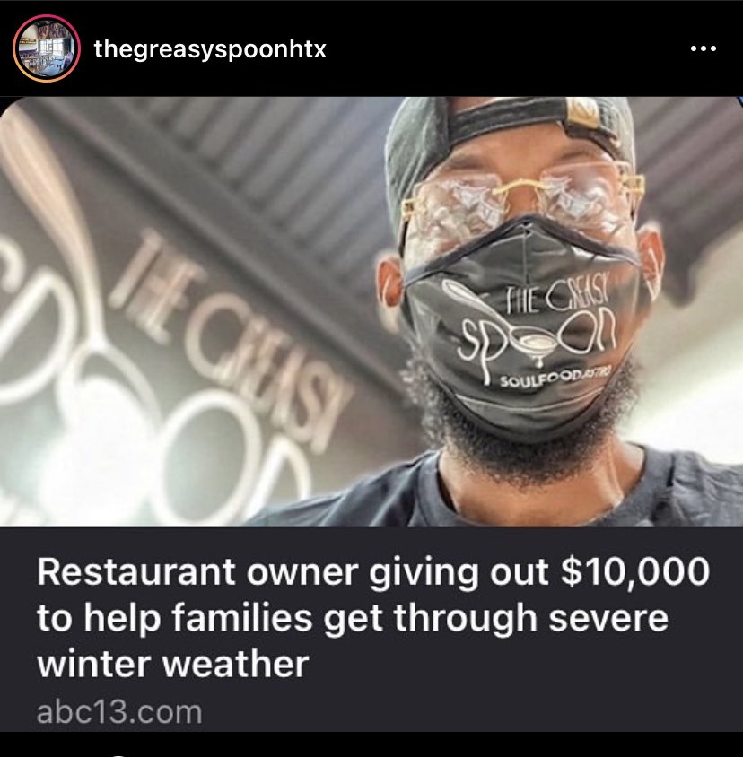 Shoutout to the owner of the Greasy Spoon Soulfood Bistro for giving away 10,000 to help families get through the winter weather!! This is their address: 636 Cypress Station Dr Suite A, Houston, TX 77090