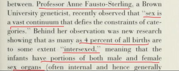 Ooh.  #FaustoSterling. This has *not* aged well.  #SexIsASpectrum ? She argued there are five “sexes” and 4% of births are to some extent “intersex”. Or was she being ironic? That’s one way to spin it. 