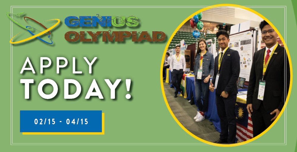 GeniusOlympiad's tweet photo. #GeniusOlympiad applications are now OPEN! Applications are due April 15th. Genius Olympiad will be held VIRTUALLY this year; however, #GeniusRobotics Competition will NOT be held in 2021. Please click the link for more details.
.
👉https://t.co/k0Egc9W9Kf
.
@RITtigers @TerraSci https://t.co/TqJjXvgJMX