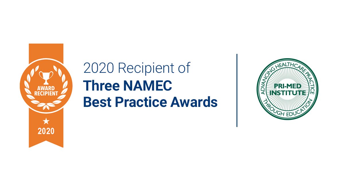 PriMedCME's tweet photo. Pri-Med Institute was recently named the recipient of three Best Practice Awards from the National Association of Medical Education Companies (NAMEC). These awards recognize best practices – ideas or processes that can be implemented by #NAMEC members to improve #CME. https://t.co/sjKviSM77H