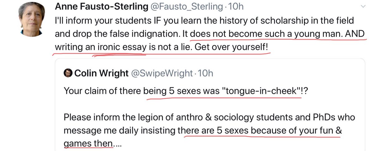 More on Fausto-Sterling. Stand down everyone. It was all tongue in cheek. Let’s not worry about our kids (many gay or autistic) who are at this moment pumping themselves full of cross sex hormones & having double mastectomies. Anne was only having a lend of us. Hilarious.