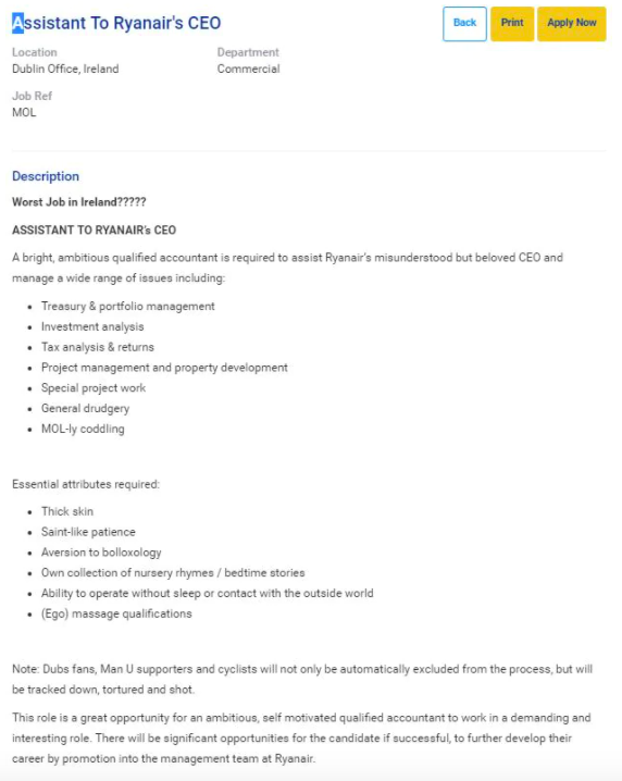 AlexCooney1's tweet photo. @lennysan Ryanair put up some great job postings. This was one was for an assistant to their rather colourful CEO. https://t.co/UasO9sOiwG