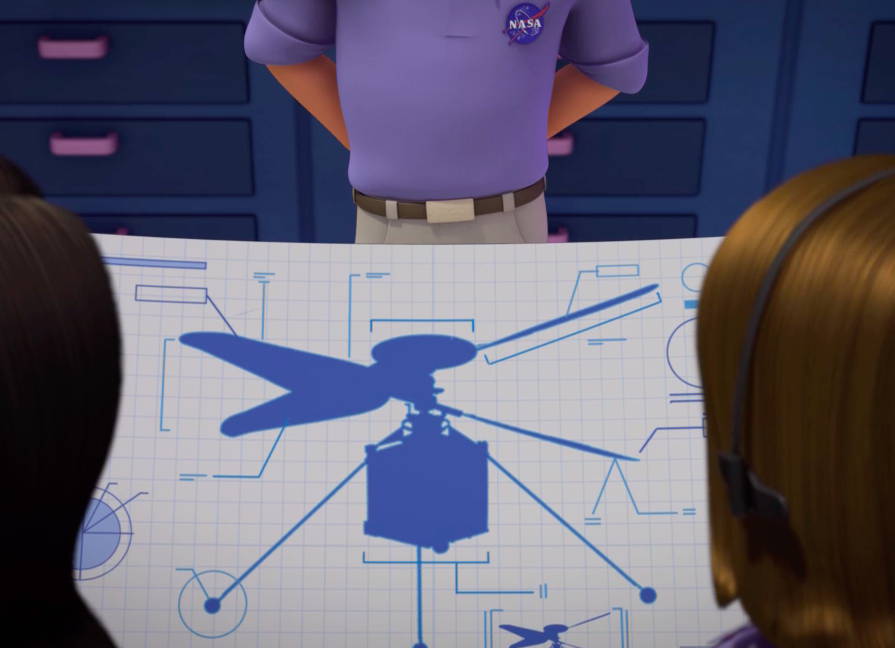 saschapaladino's tweet photo. It's a great day to mention that we hid an Easter Egg in the 2018 #MissionForceOne episode "The Space Station Situation." In this scene, the team of scientists at @NASAJPL is working on...the Ingenuity Mars Helicopter that landed on Mars today!
cc: @tweetsoutloud @FromCaliToMars https://t.co/N0k9Khasnw