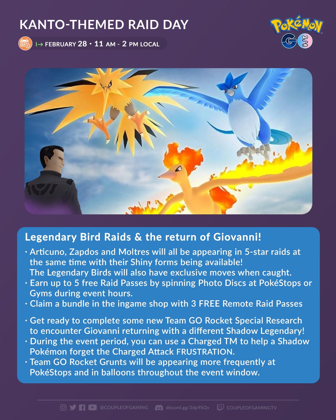 Pokemon Go Shiny Articuno-Moltres-Zapdos Kanto Legendary Raid Day