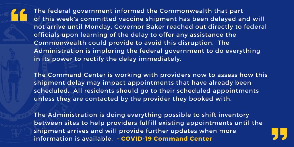 MassDPH's tweet photo. The federal government informed the Commonwealth that part of this week’s committed vaccine shipment has been delayed.

The COVID-19 Command Center is working to respond to this development. 

Full Statement: https://t.co/FLgTazuF3j