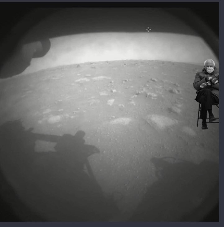 First image of Nasa’s Perseverance rover which landed on Mars today in its mission to look for signs of life on the Red Planet. #marsperseverance #berniemittens