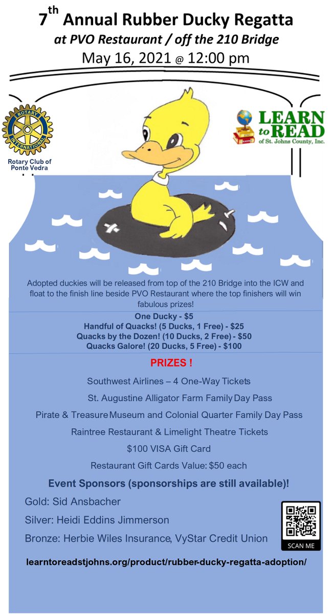 LearnToReadSJ's tweet image. Rubber Ducky Regatta 2021 launches from the north side of the 210 Bridge (Ponte Vedra/Palm Valley) and lands in the Intracoastal on Sunday, May 16 at approximately 12:30 PM!  Adoptions available now! learntoreadstjohns.org/rubber-ducky-r… Thank you!